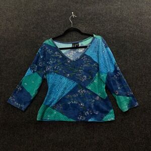 Vintage Kashi Women Blue Teal Patchwork Floral Beaded V-Neck Top Large